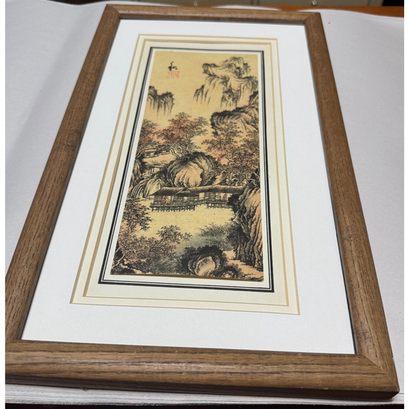 ASIAN Chinese LANDSCAPE art Watercolor paper w frame 15"x9" scroll - Picture 1 of 8